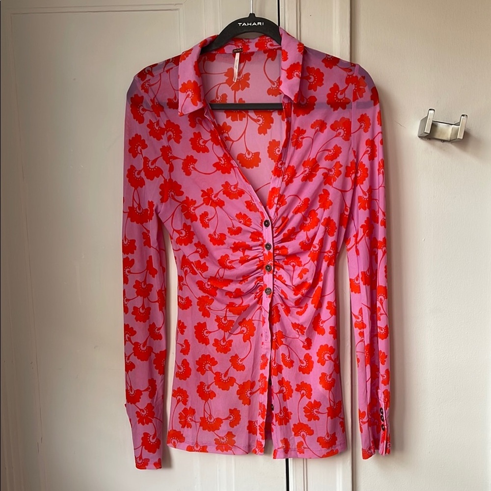 Free People FP Mesh Floral Button-Up Top